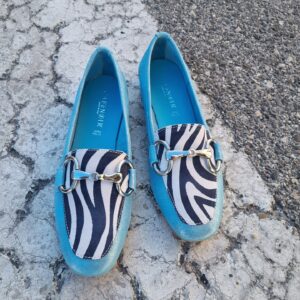 CAFèNOIR - Mocassini in pelle glitter e pelle scamosciata in stampa animalier celeste