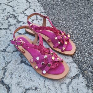 CAFèNOIR - Sandali incrocio in pelle scamosciata e raffia fuxia