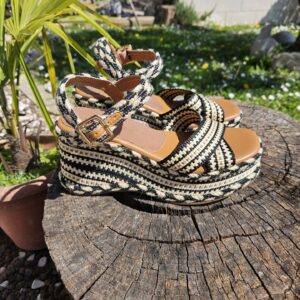 CAFèNOIR - sandali zeppa in tessuto nero beige